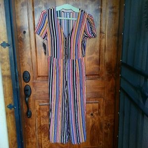 Striped Button Down Short Sleeve Wide Leg Jumpsuit